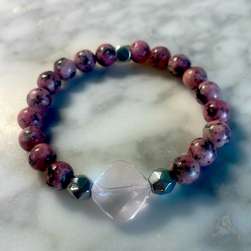 Rhodonite & rose quartz crystal with silver hematite bracelet